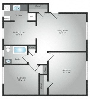 Floor plan for 2 beds, 1 bath, 890 sqft